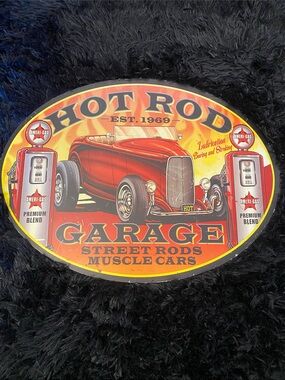 Open Road Brands Hot Rod Garage Oval Metal Sign - Red, Yellow, Black